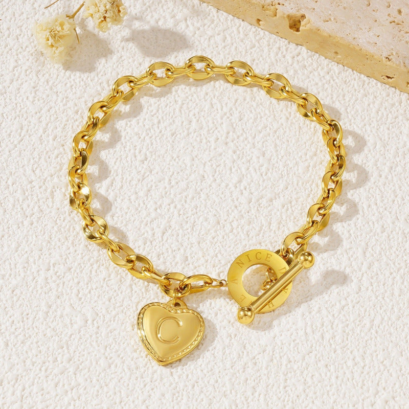 26-letter Gold Heart-clasp Titanium Bracelet A Versatile Personalized Stainless Steel Accessory