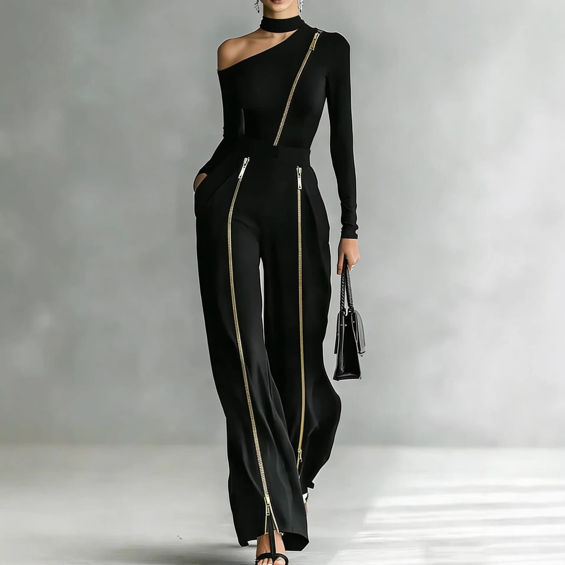 Crew-neck Long-sleeve Knit Two-way-zipper Wide-leg Pants Set