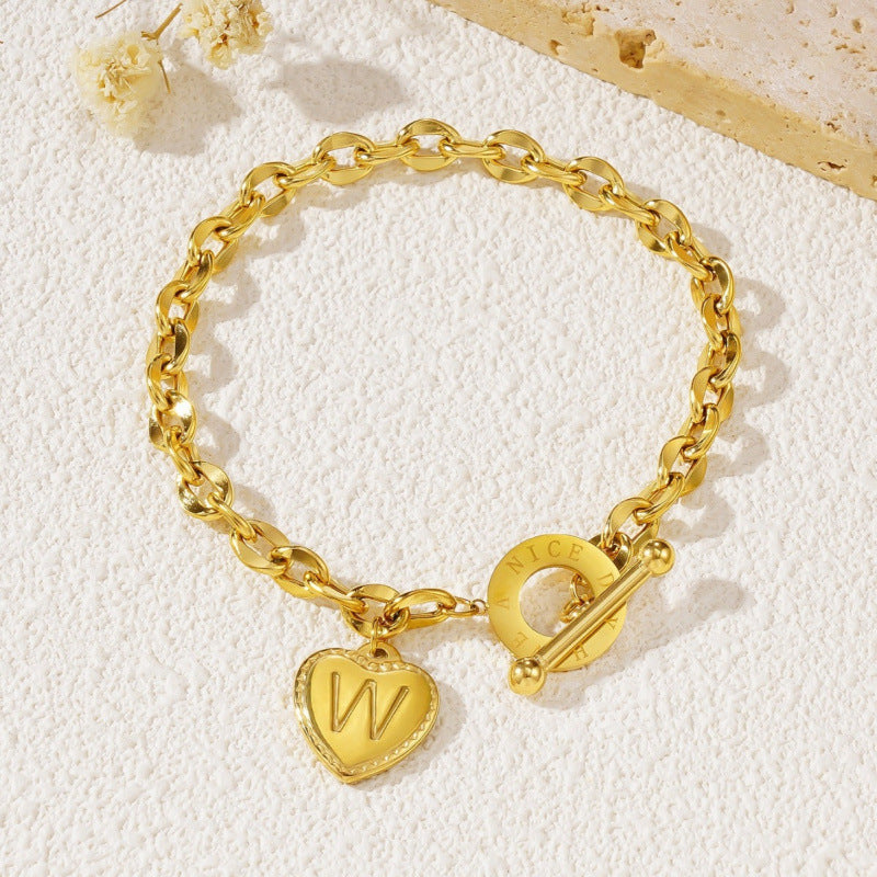 26-letter Gold Heart-clasp Titanium Bracelet A Versatile Personalized Stainless Steel Accessory Jewelry and Watch Averon™