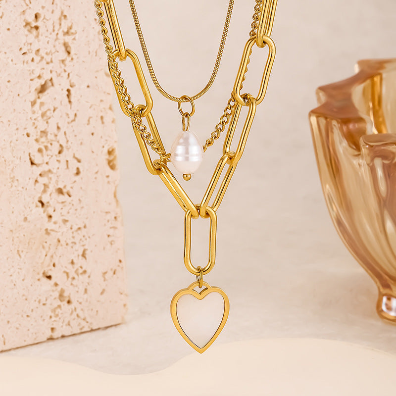 Pearl Heart-shaped Trendy Necklace Popular Titanium Steel Multi-layer Sweater Chain With A Distinctive Elegant Vibe