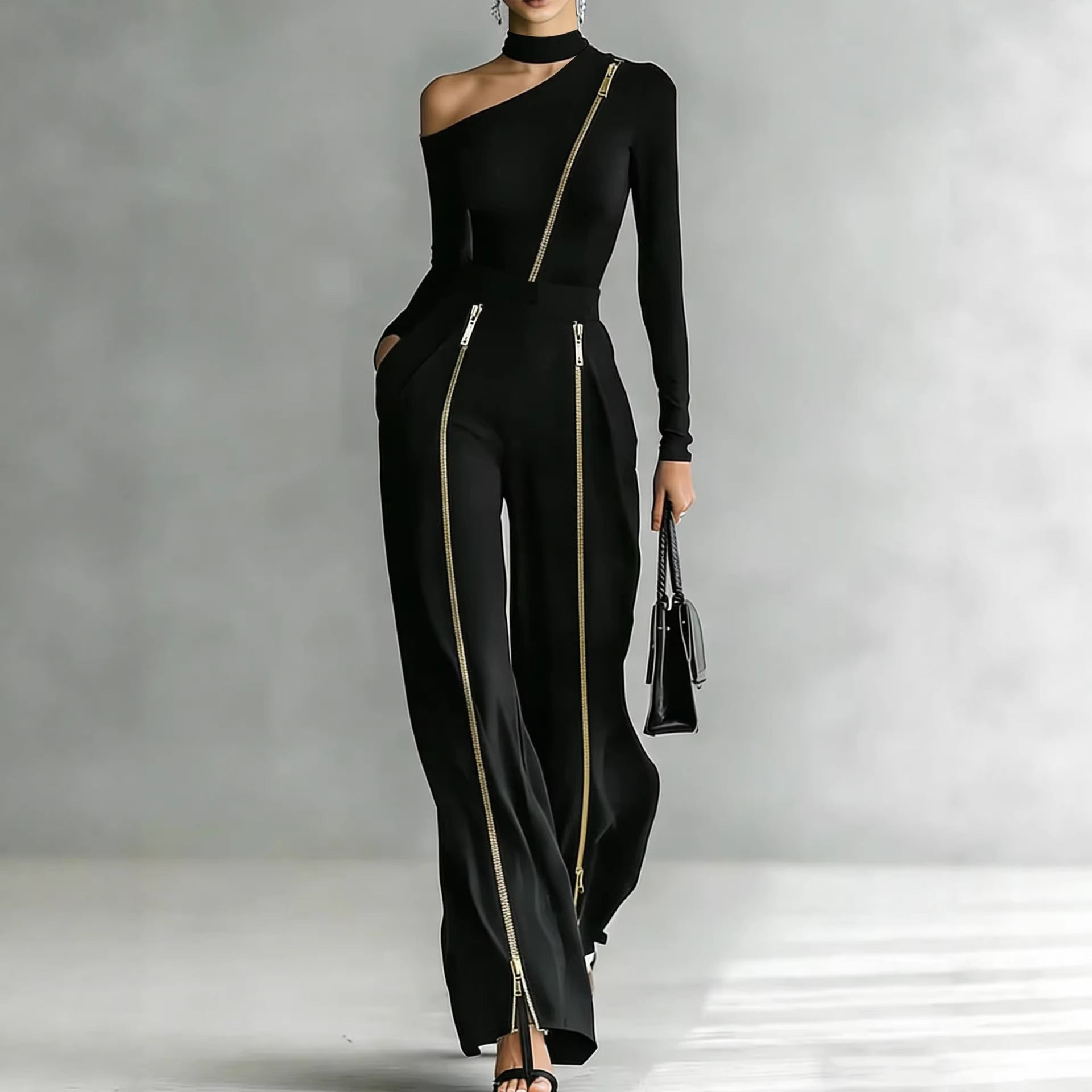 Crew-neck Long-sleeve Knit Two-way-zipper Wide-leg Pants Set