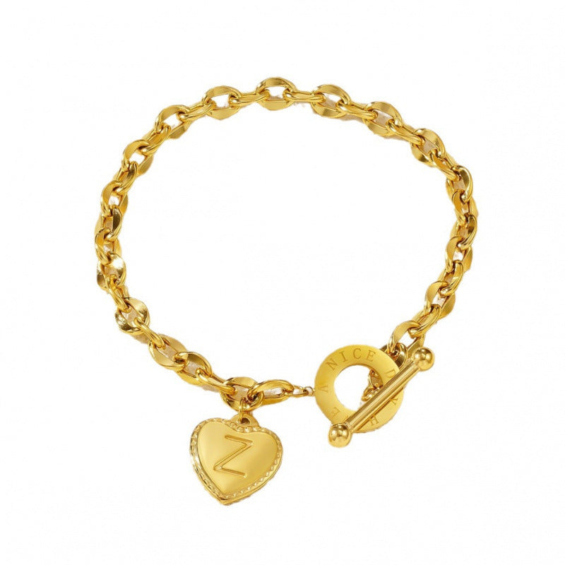 26-letter Gold Heart-clasp Titanium Bracelet A Versatile Personalized Stainless Steel Accessory Jewelry and Watch Averon™