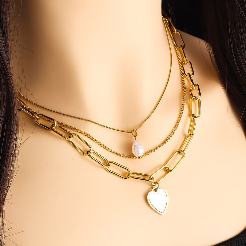 Pearl Heart-shaped Trendy Necklace Popular Titanium Steel Multi-layer Sweater Chain With A Distinctive Elegant Vibe