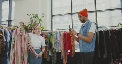 Customers browsing clothing racks in fashion boutique representing Averon modern fashion collections.