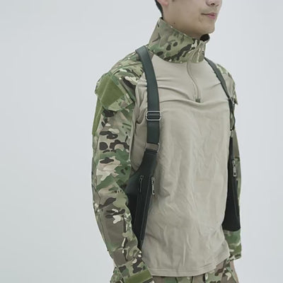 Male model wearing camouflage outfit and crossbody vest bag representing Averon men’s fashion collection.